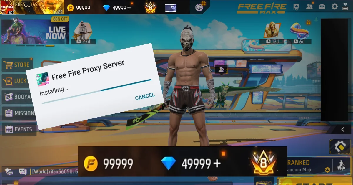 A muscular character stands in a colorful gaming interface with a loading screen for "Free Fire Proxy Server" installation and various stats displayed.