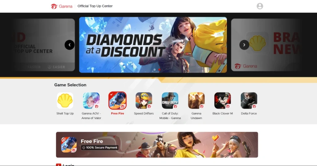 Garena's official top-up center featuring game promotions, highlighted with a Diamonds at a Discount banner and various game icons.