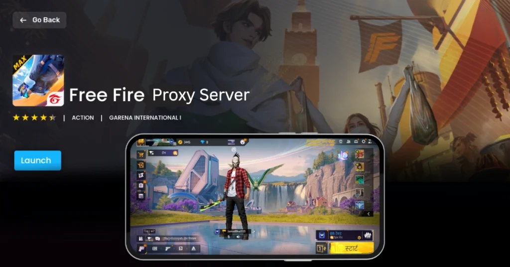 screen for "Free Fire Proxy Server" shows the game's launch button and a mobile gameplay interface with a character standing in a virtual environment.