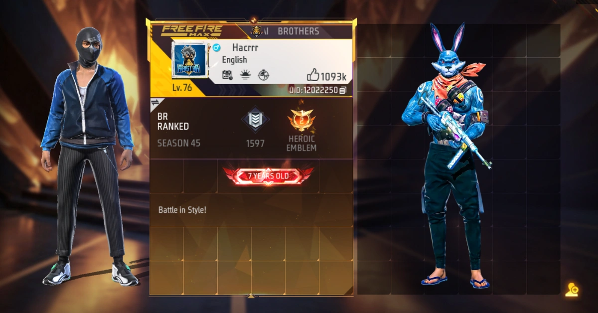 A character from Free Fire Max, wearing stylish attire and holding a weapon, showcasing Raistar free fire uid profile
