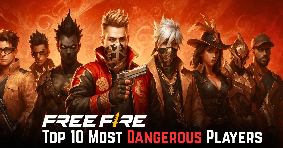 A stylized group image showing Most Dangerous Players in Free Fire, surrounded by an orange and red background, exuding a fierce atmosphere.