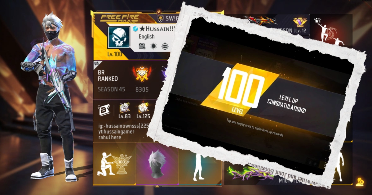 A 100 Level Free Fire ID Profile showcases a character in colorful attire holding a weapon, displaying a level 100 achievement with "Congratulations!" text.