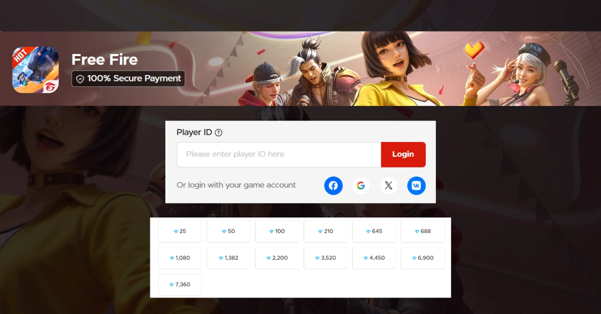 free diamond from uid featuring input for Player ID and options to purchase game currency with various quantities displayed.