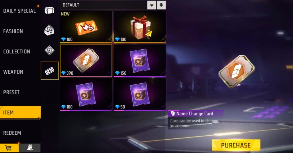 In-game shop interface displaying various items, including a Name Change Card and their diamond costs, with a purchase button highlighted.