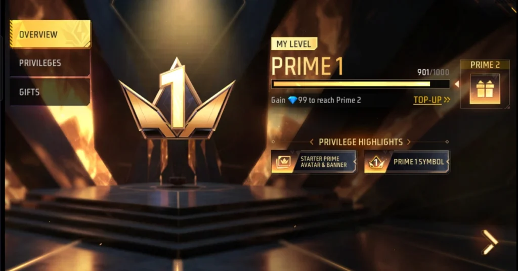 free fire interface with "PRIME 1" level highlighted, progress bar, and options for privileges and gifts.