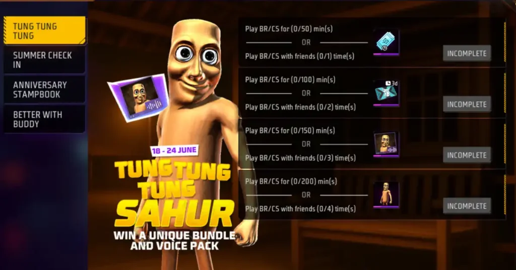 A game event panel titled "Tung Tung Tung Sahur" offers tasks to win unique bundles and voice packs, with progress indicated as incomplete.