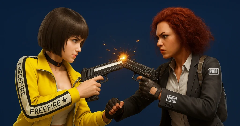 Two characters, one in a yellow jacket and the other in a suit, aim handguns at each other, with sparks flying