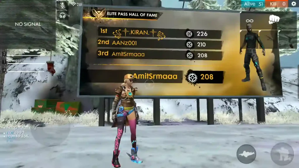 A Old Free fire character stands in front of an "Elite Pass Hall of Fame" leaderboard showing player rankings and scores in a snowy landscape.