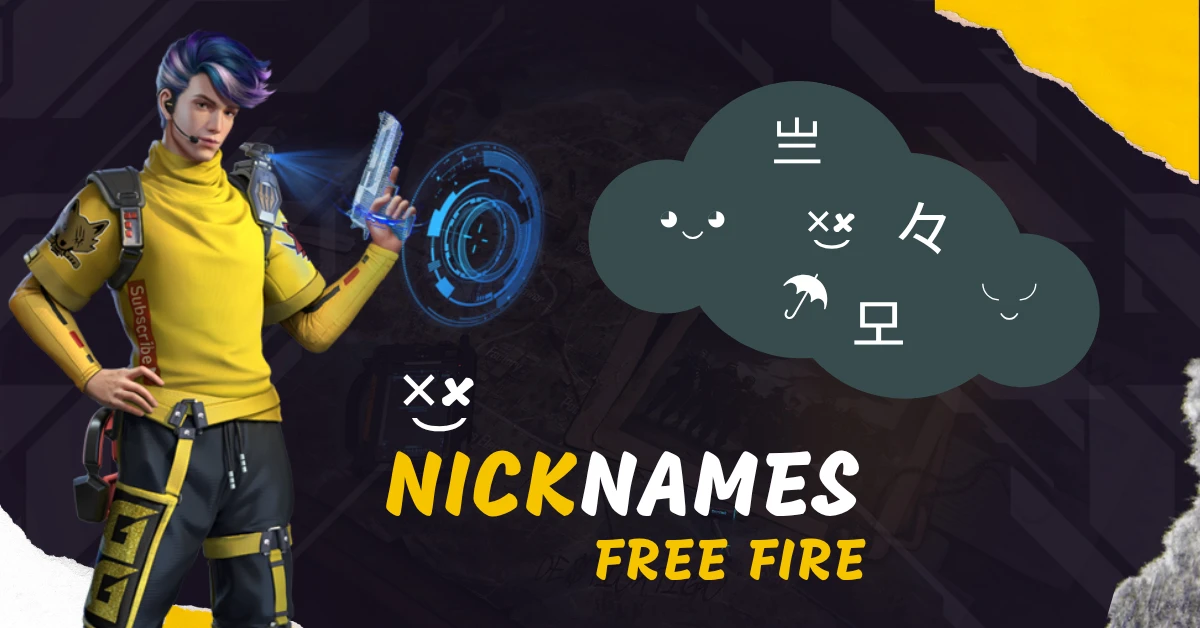 A character in a yellow shirt with futuristic gear holds a glowing weapon, surrounded by playful nickname icons for "×͜× Free Fire Names"