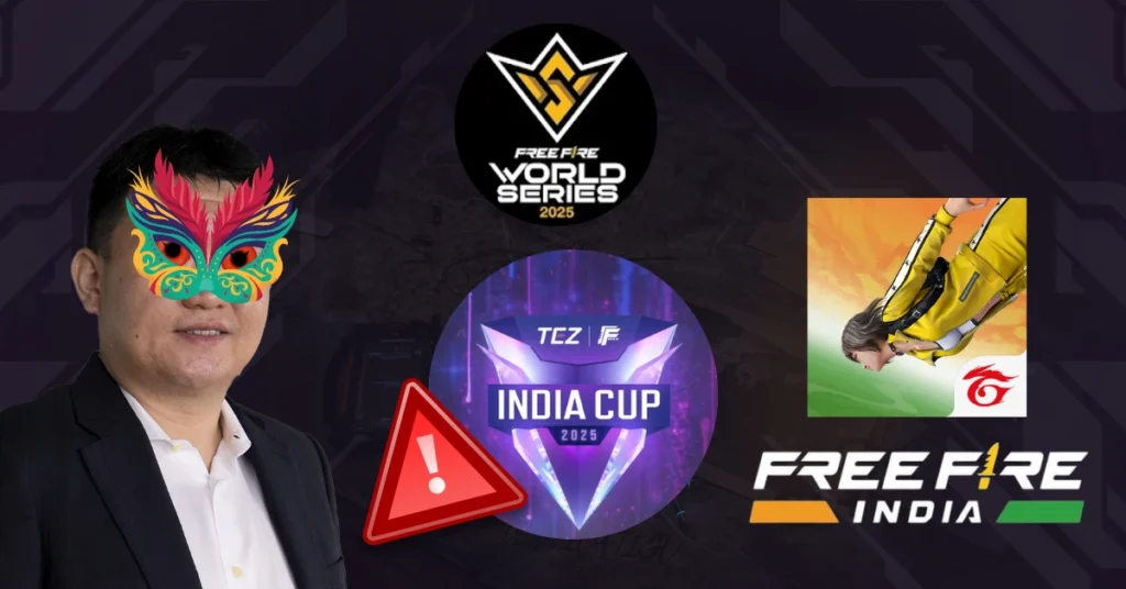 Logo montage for Free Fire World Series 2025, TCZ India Cup 2025, and Free Fire India, featuring a prominent alert symbol.