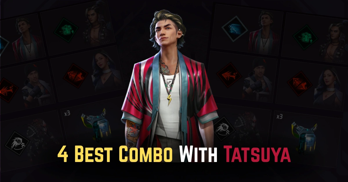 A character in a stylish red and white outfit stands prominently, with various game icons and text about Tatsuya Best Skill Combo After Update in Free Fire.