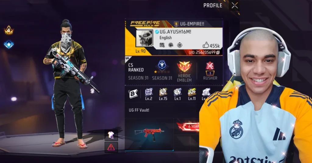 A gaming profile screen featuring Ungraduate Gamer Free Fire UID, and his face
