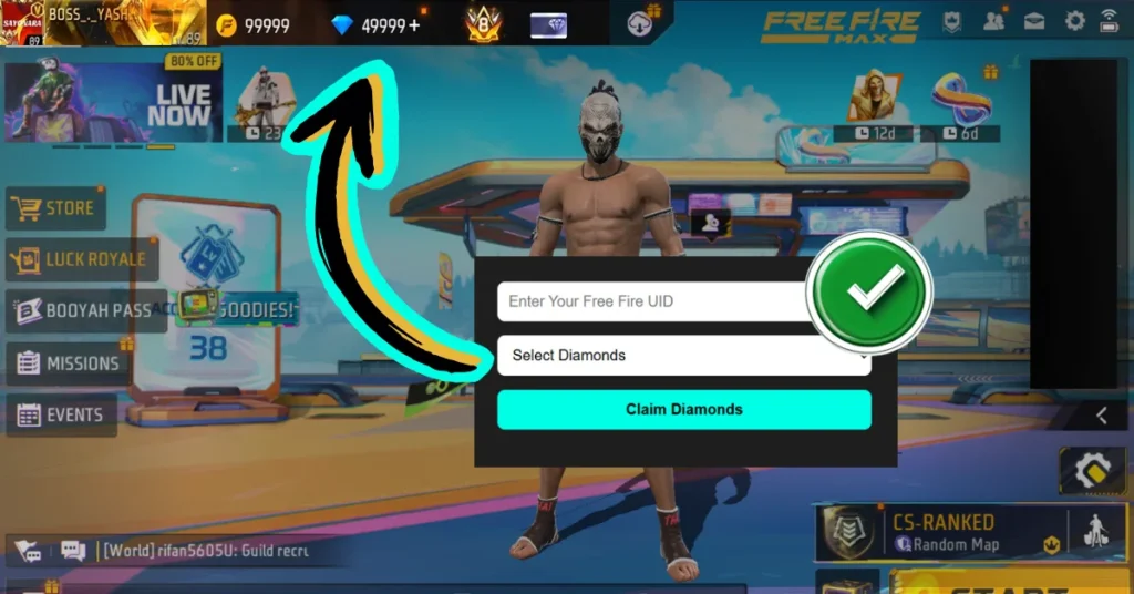 free fire free diamond uid in free fire game home lobby