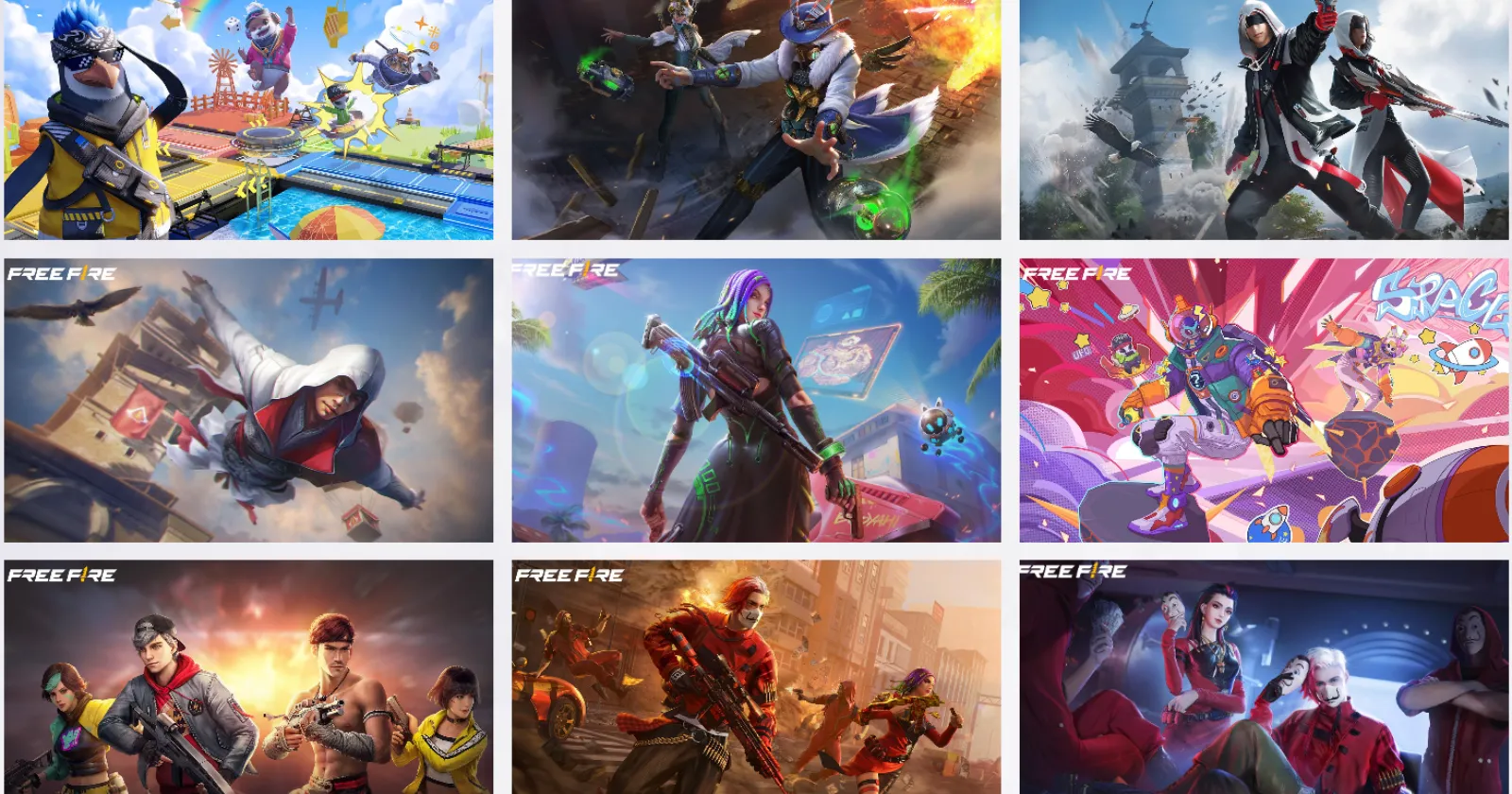 A collage of free fire wallpapers, showcasing colorful full hd characters, action poses, and vibrant battle environments.