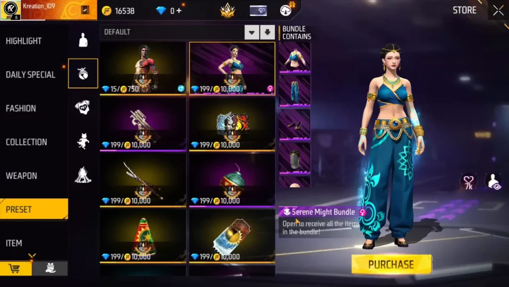 free fire diwali 2025 female bundle serene might bundle