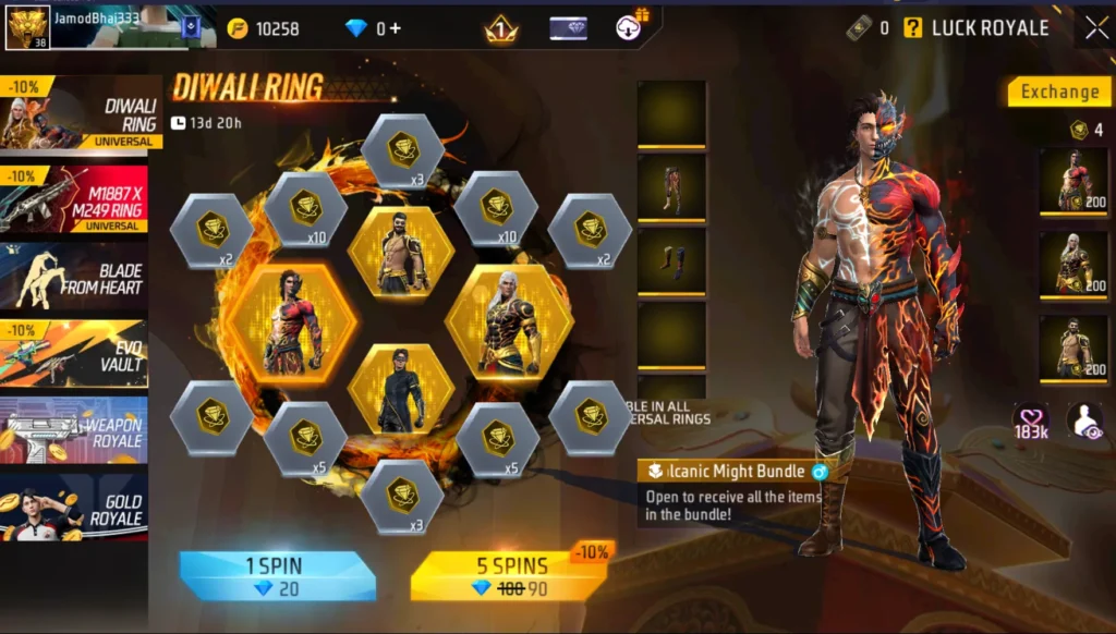 Free Fire Diwali Ring Luck Royale Volcanic Might Bundles