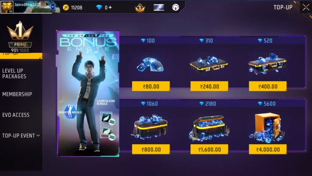 free fire top up diamond and price